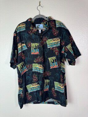 Aftco Bluewater Hawaiian Shirt Mens Large Button up Tropical Short sleeve USA
